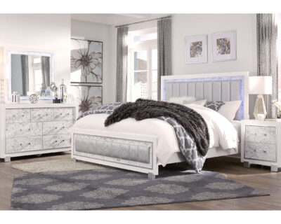 Jessamine Metallic White w Grey Marble Bedroom Set