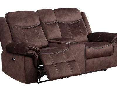 Evander Brown Microfiber Power Reclining Console Sofa and Loveseat Set w/Power Switch