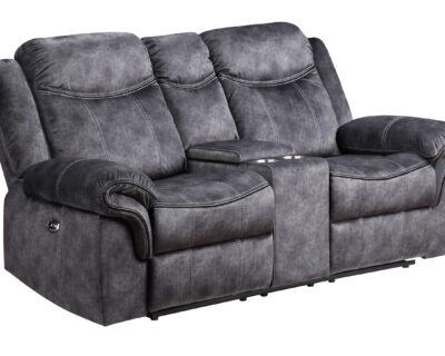 Evander Granite/Black Microfiber Power Reclining Console Sofa and Loveseat Set w/Power Switch