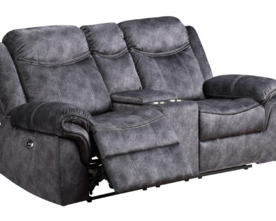 Evander Granite/Black Microfiber Power Reclining Console Loveseat w/Power Switch