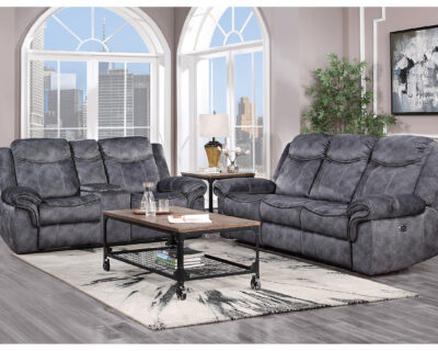 Evander Granite/Black Microfiber Power Reclining Console Sofa