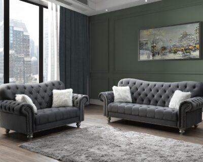 Seraphim Grey Velvet Tufted Sofa and Loveseat Set